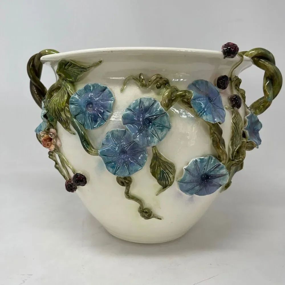 Pottery Bowl With Morning Glory And Berries Handmade By Lark Roderigues, Cachepo